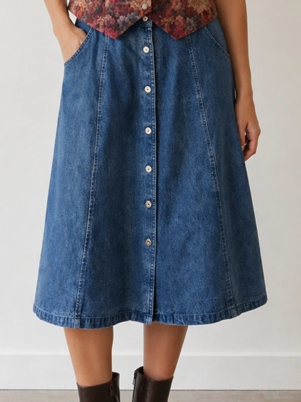 Vintage 90s Denim Midi Skirt | Button Front | A-Line